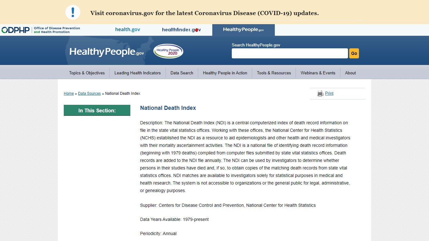 National Death Index | Healthy People 2020